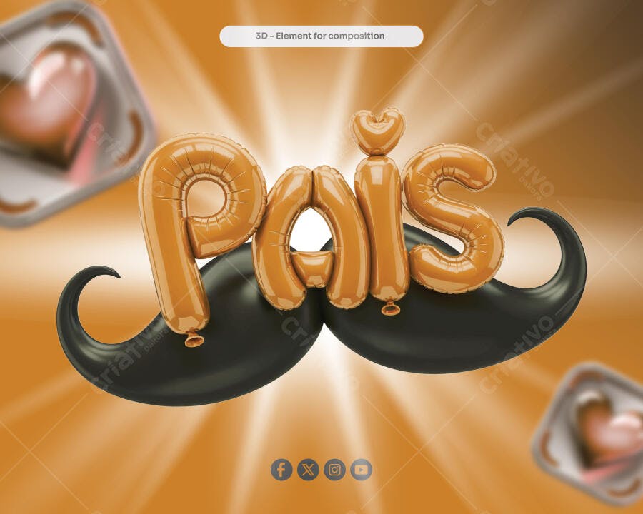 Selo 3D Dia dos Pais Balões Laranja e Bigode Preto