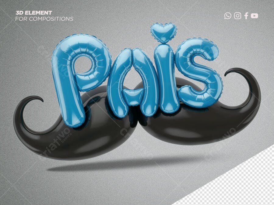 Selo 3D Dia dos Pais balão azul e bigode preto