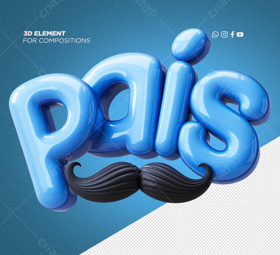 Selo 3D Dia dos Pais azul brilhante com bigode