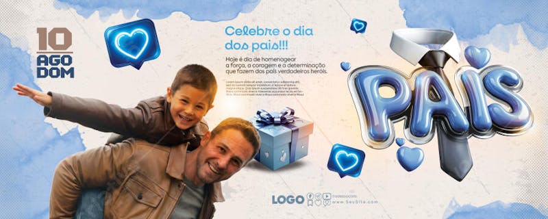 Father's Day banner template featuring blue and pastel colors.  Images of a father and son, 3D glossy elements, hearts, and a gift box. Perfect for social media, websites, and print. Target audience: businesses and individuals celebrating fathers.