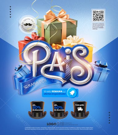 Father's Day flyer with a 3D design, vibrant colors (blue, gold, and green), and elements like gifts, ties, and top hats. Perfect for stores and businesses to advertise offers and promotions for a male audience.