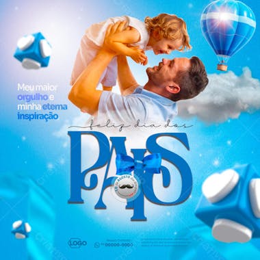 Father's Day flyer template in light blue and sky blue tones.  Features a father and son, a hot air balloon, and heart-shaped cubes. Perfect for social media, print, and marketing.
