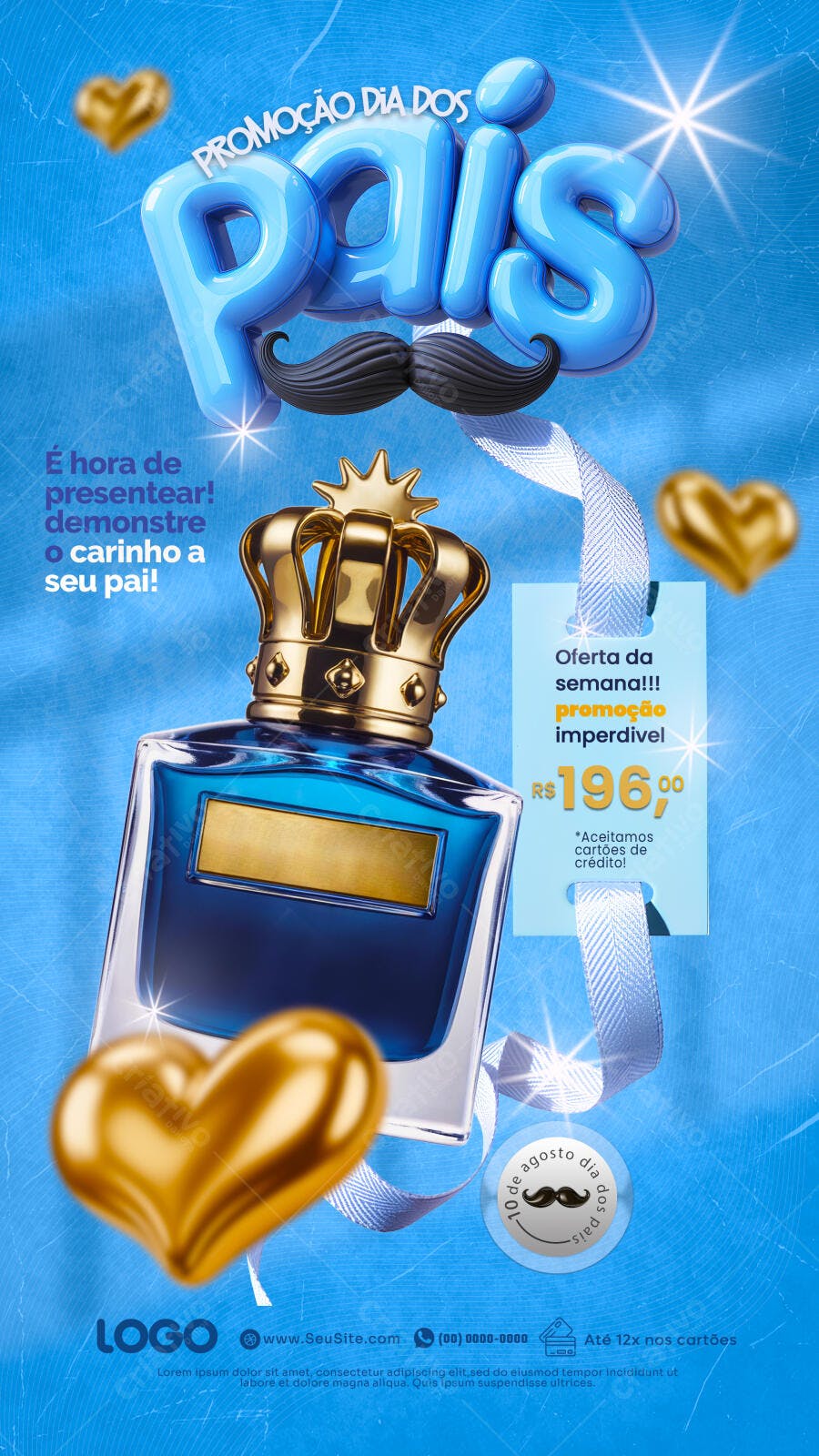 Flyer Dia dos Pais PSD Editável - Azul, Ouro e Perfume