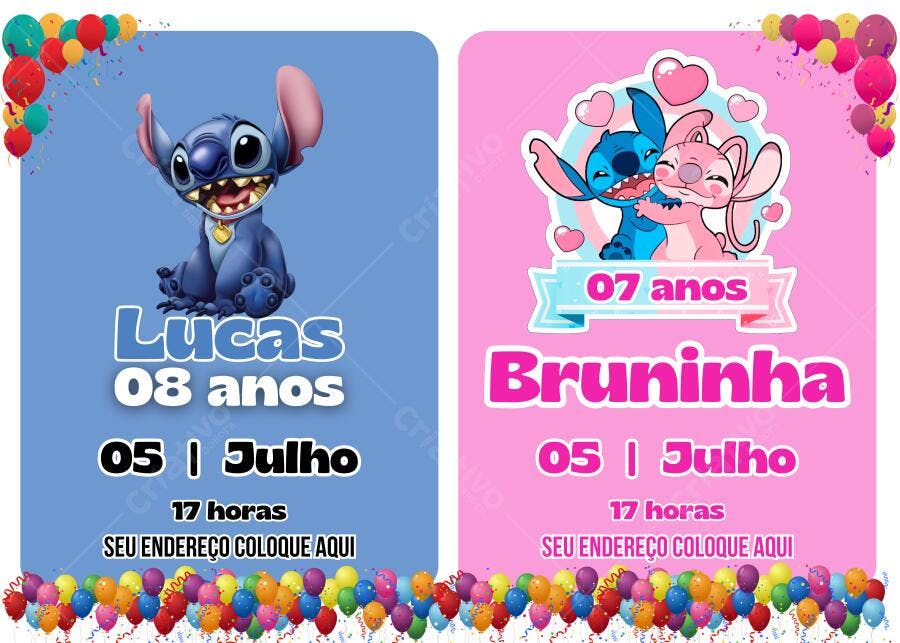 Convite de Aniversário Infantil Stitch Azul e Rosa Editável no Canva