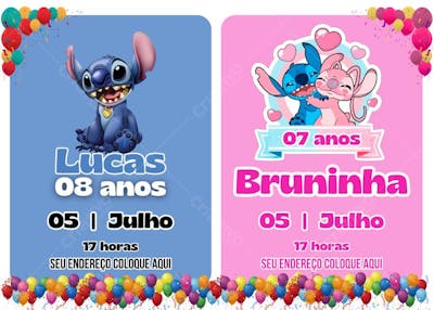convite canva menino e menina stitch e angel menina e menino