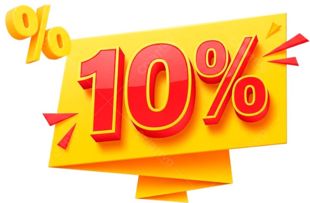 Banner promocional com fundo transparente em PNG. Apresenta os números 10% em vermelho e amarelo, estilo 3D, sobre um fundo amarelo em formato de faixa dobrada. Ideal para campanhas de desconto.