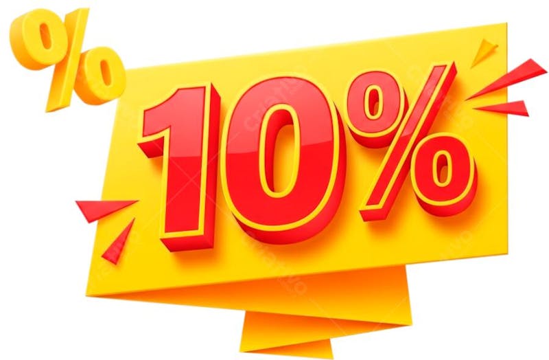 PNG banner with transparent background featuring a 3D-styled 10% off sale graphic. Vibrant red and yellow color scheme, perfect for online promotions and e-commerce marketing. Highly transparent background for easy integration.