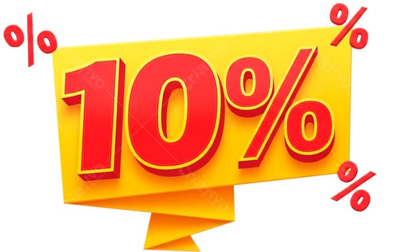 Vibrant yellow and red 3D banner design featuring a 10% discount.  Fully transparent background for easy use in any design project. Perfect for sales promotions and marketing campaigns.