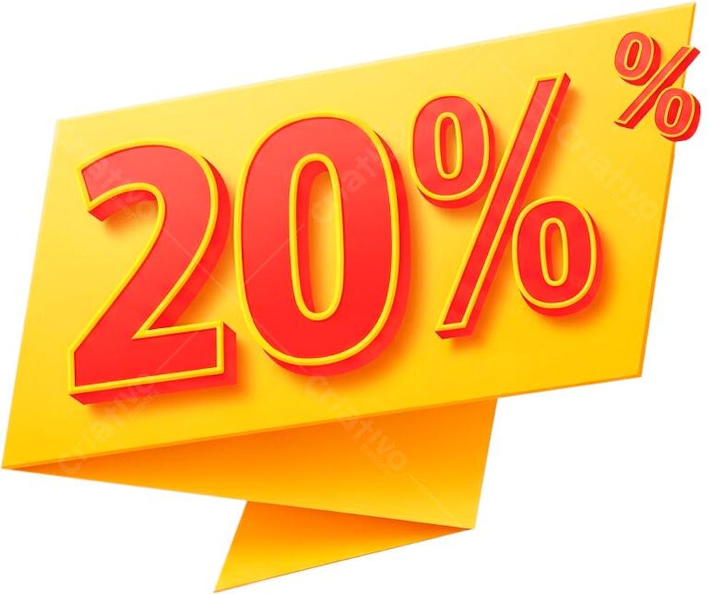 Banner amarelo e vermelho com design 3D representando 20% de desconto.  Fundo totalmente transparente, ideal para sobreposição em qualquer imagem ou projeto. Estilo moderno e chamativo.