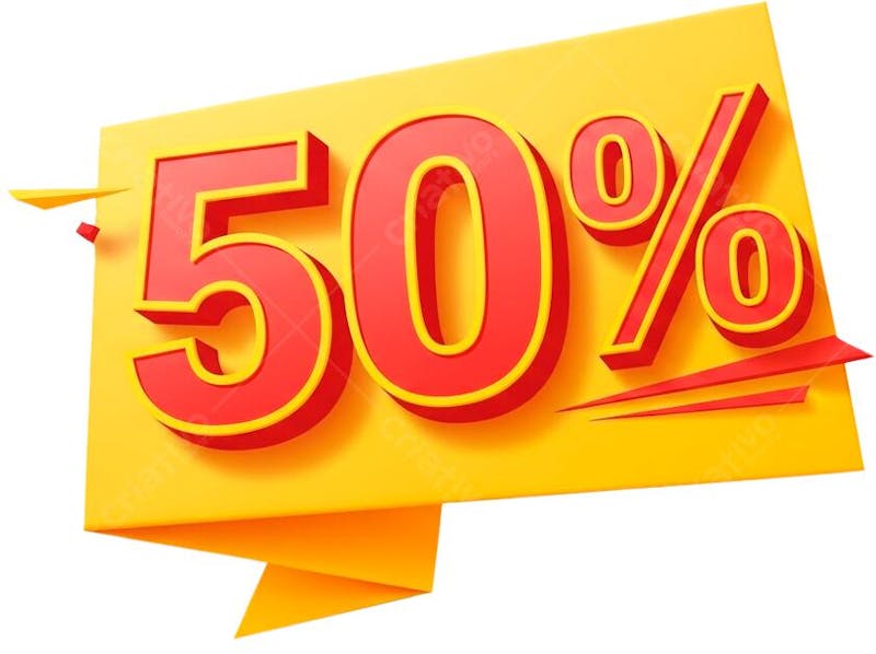 Yellow and red banner announcing a 50% summer sale. Modern and clean design with 3D numbers.  Fully transparent background for easy layering onto any project.