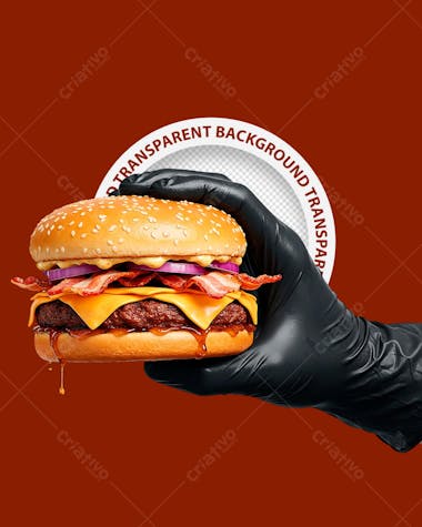 MÃO COM LUVA SEGURANDO UM HAMBÚRGUER