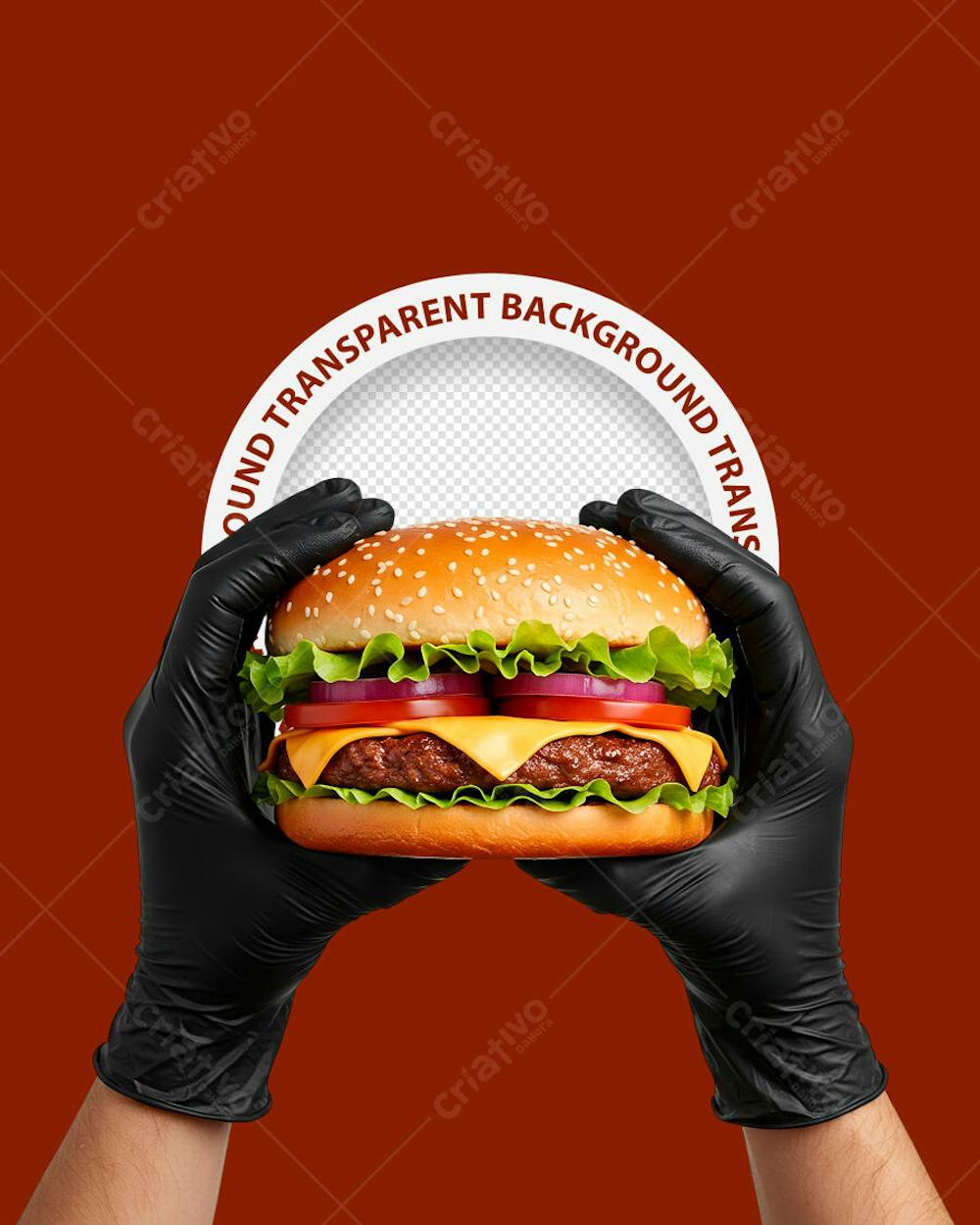 MÃO COM LUVA SEGURANDO UM HAMBÚRGUER