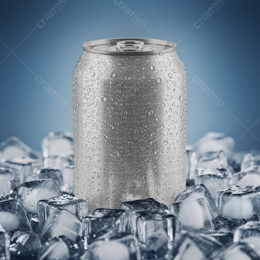 Mockup de Lata de Bebida com Gotas de Água