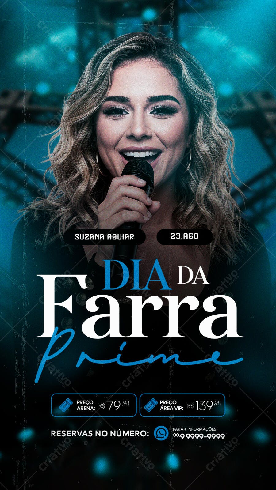 Flyer Dia da Farra Prime com Suzana Aguillar 23/Ago PSD Editável