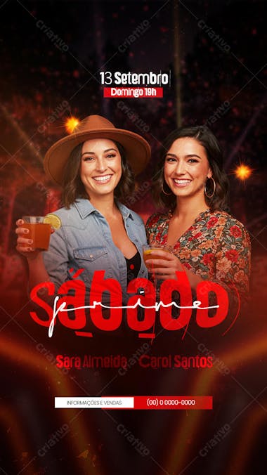 Flyer template in red and orange tones, featuring two smiling young women holding drinks. Modern and sophisticated style, perfect for promoting concerts and music events with a female audience. Download now!