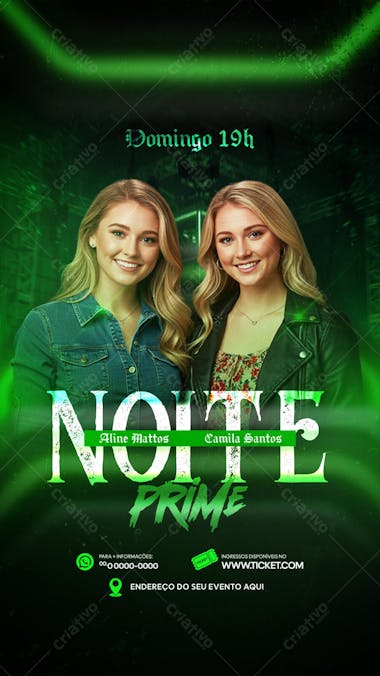 Dark green flyer featuring photos of two female singers, Aline Mattos and Camila Santos, for a "Noite Prime" music event on Sunday at 7 PM.  Modern gothic style, targeting young adults.