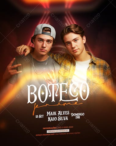Flyer in orange and dark red tones, featuring photos of two young singers, Maik Alves and Kaio Silva, on a stage with lighting. Modern and stylish design, ideal for promoting concerts and music events for a young audience.