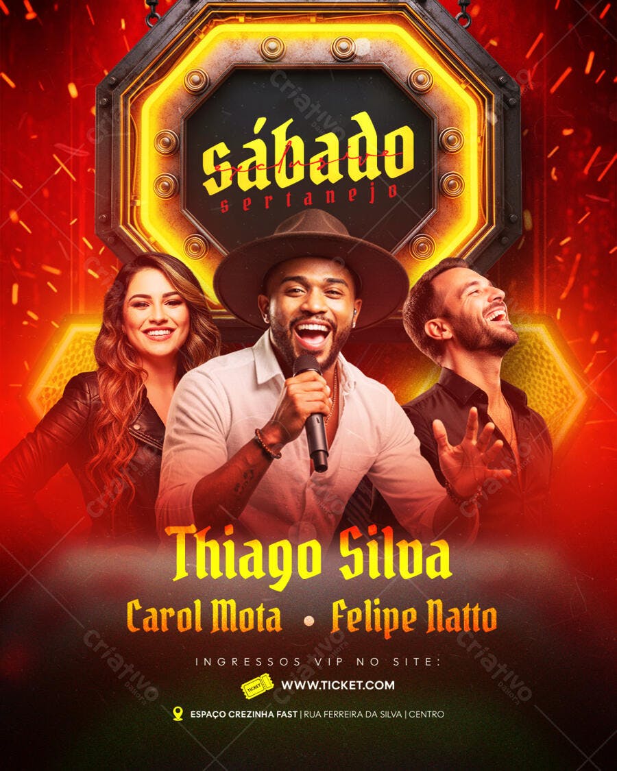 Flyer para Show Sertanejo com Thiago Silva, Carol Mota e Felipe Natto PSD
