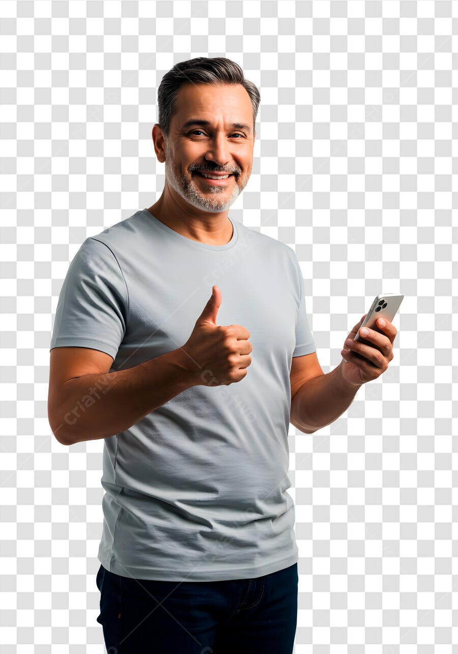 Mockup Homem com Celular e Polegar para Cima PSD Editável