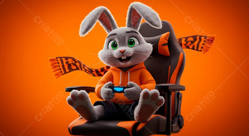 Cute grey-furred bunny playing video games in an orange and black gamer chair. Vibrant colors, orange background. Fun and relaxed atmosphere. 3D image.