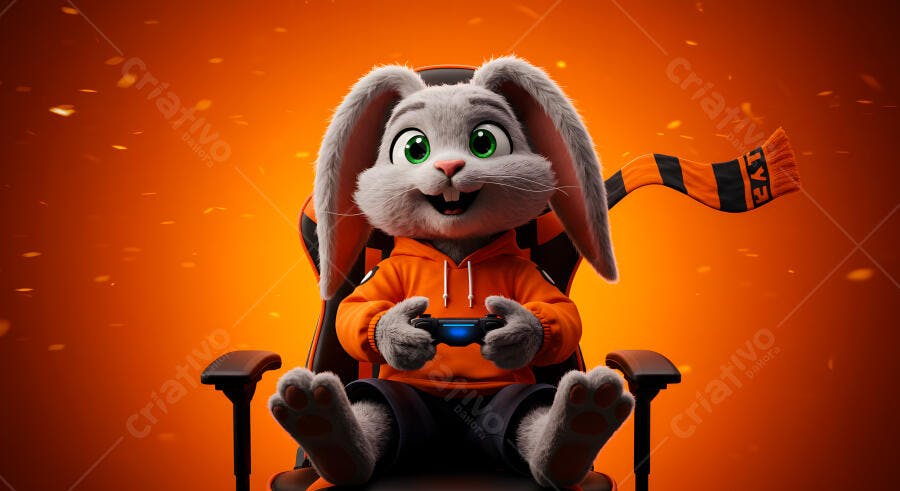 Coelhinho Gamer em Cadeira Laranja