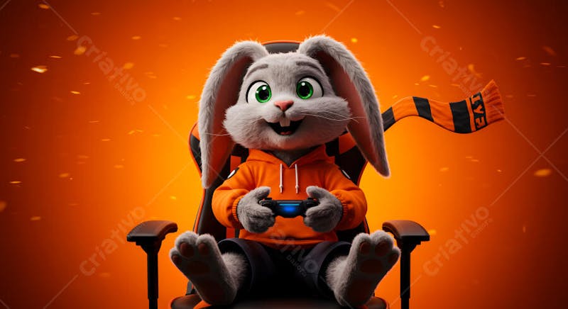 Cute gray bunny wearing an orange hoodie and playing video games in a gamer chair. Vibrant orange background with moving particles. Fun and cheerful scene.