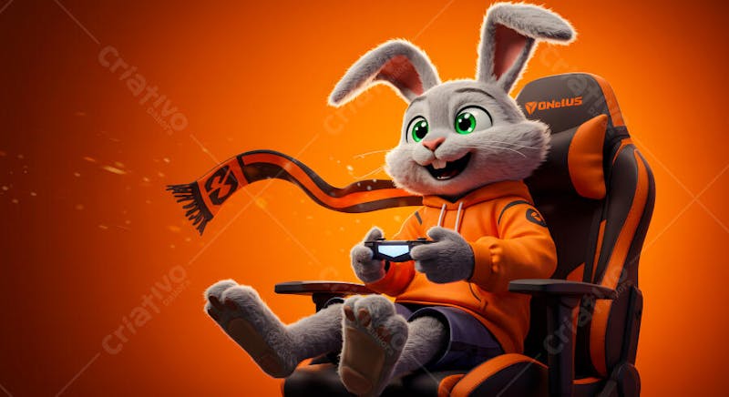 3D gray and white bunny wearing an orange hoodie, sitting in a black and orange gaming chair, holding a video game controller. Vibrant orange background. Fun and lively atmosphere.