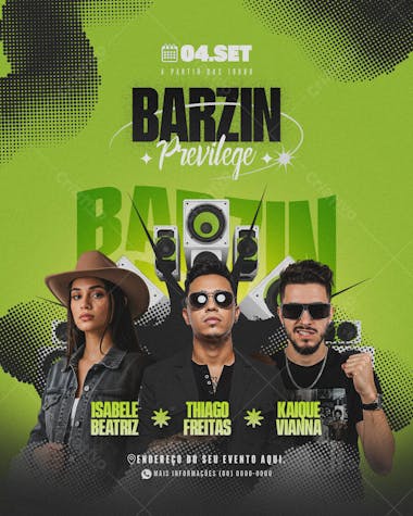 Vibrant green flyer for a music event on September 4th. Featuring three artists, Isabelle Beatriz, Thiago Freitas, and Kaique Vianna, with speakers and a modern, energetic style. Ideal for social media and print promotion.