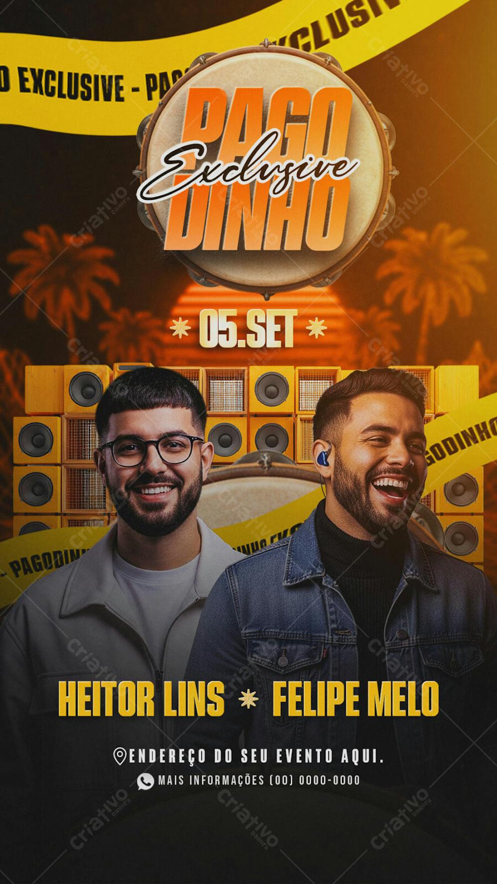 Flyer template for a Pagode event featuring Heitor Lins and Felipe Melo. Warm color scheme (orange and yellow), artist photos, palm trees and speaker stacks background. Perfect for social media and print promotion.