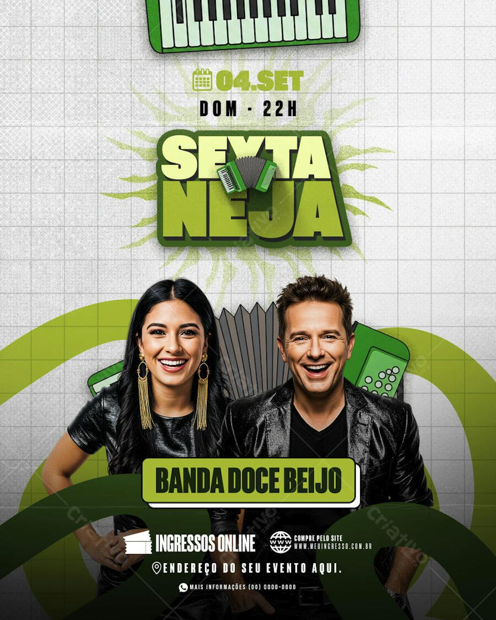Flyer for Doce Beijo band show on September 4th at 10 PM. Vibrant green and black color scheme, featuring photos of the singers and musical instrument illustrations. Perfect for social media and print promotion.