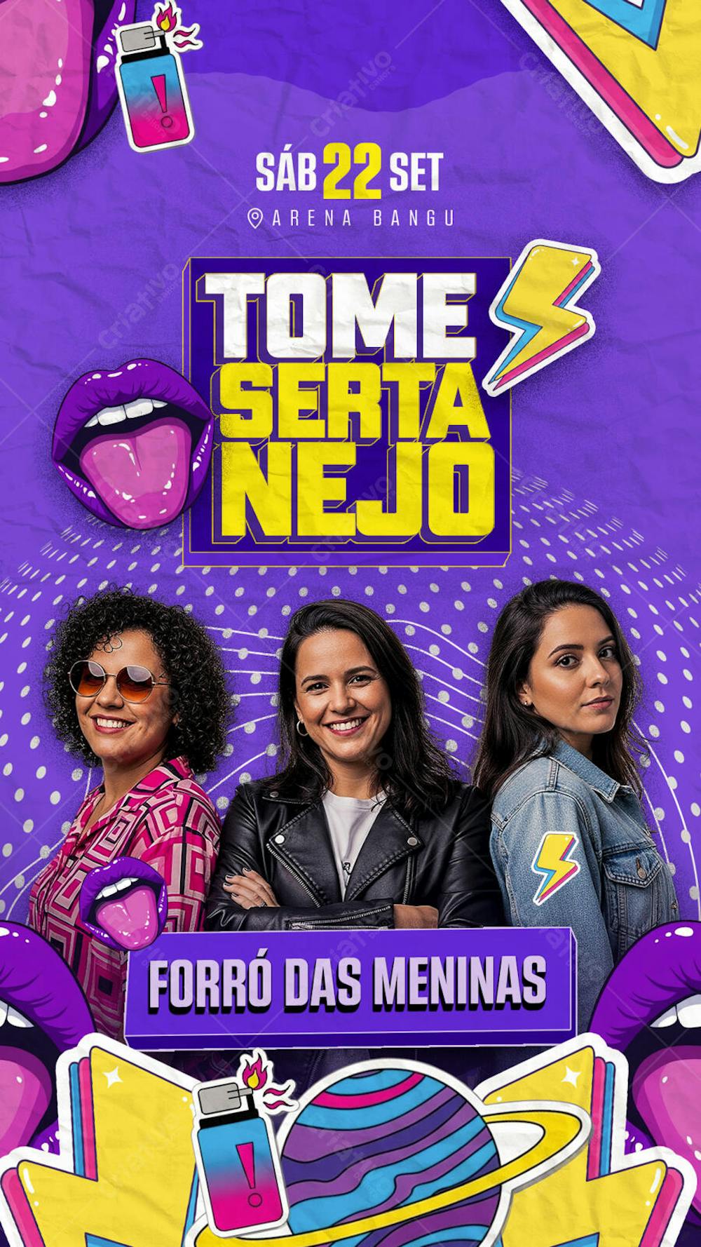 Vibrant purple and yellow flyer for the Forró das Meninas event on September 22nd at Arena Bangu. Features images of women, fun elements, and a pop art style. Perfect for social media promotion.