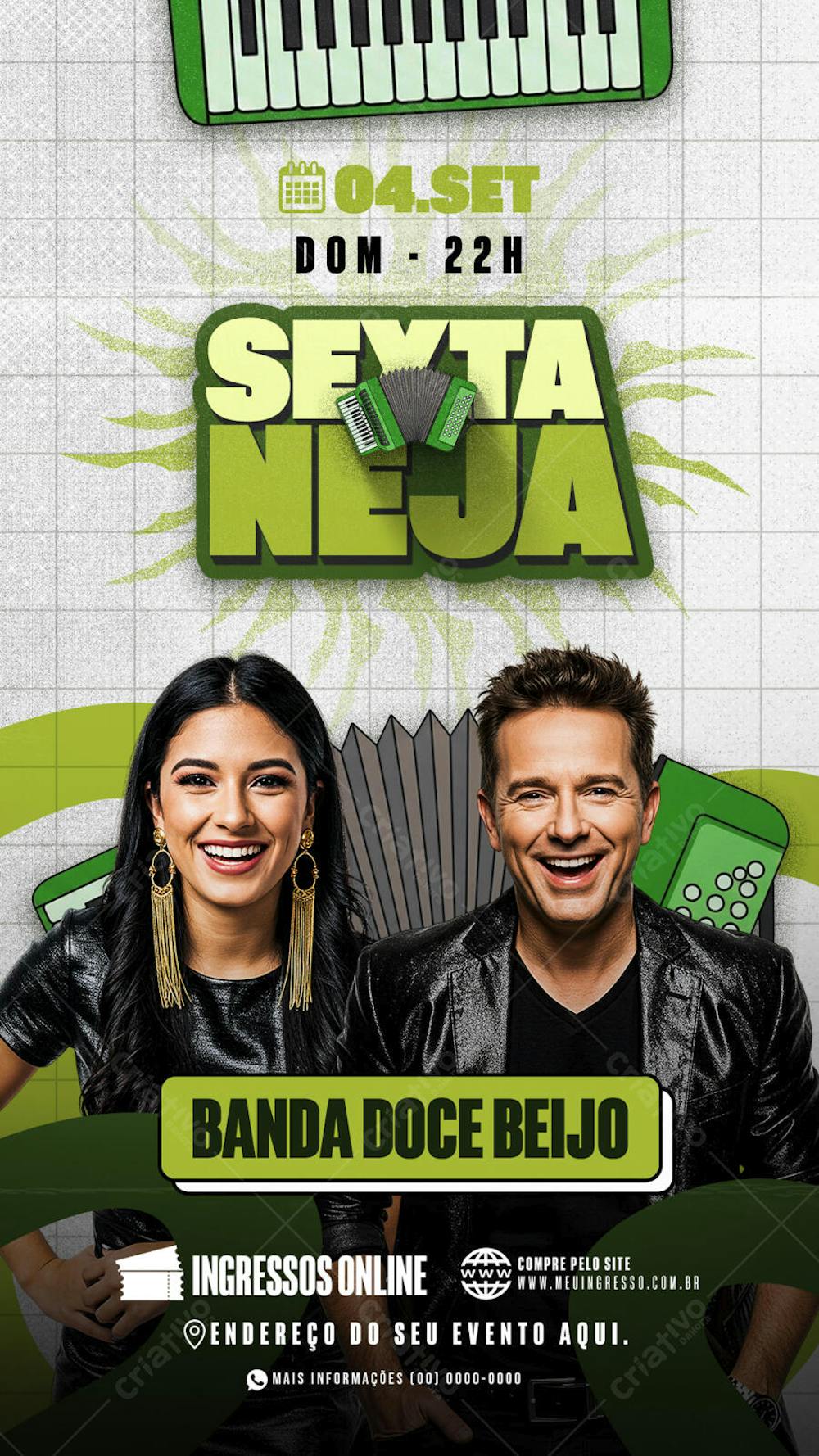 Green and black flyer for Doce Beijo band concert on September 4th, at 10 PM. Features images of the singers, musical instruments (accordion and keyboard), and online ticket purchase information. Target audience: lovers of sertaneja music.