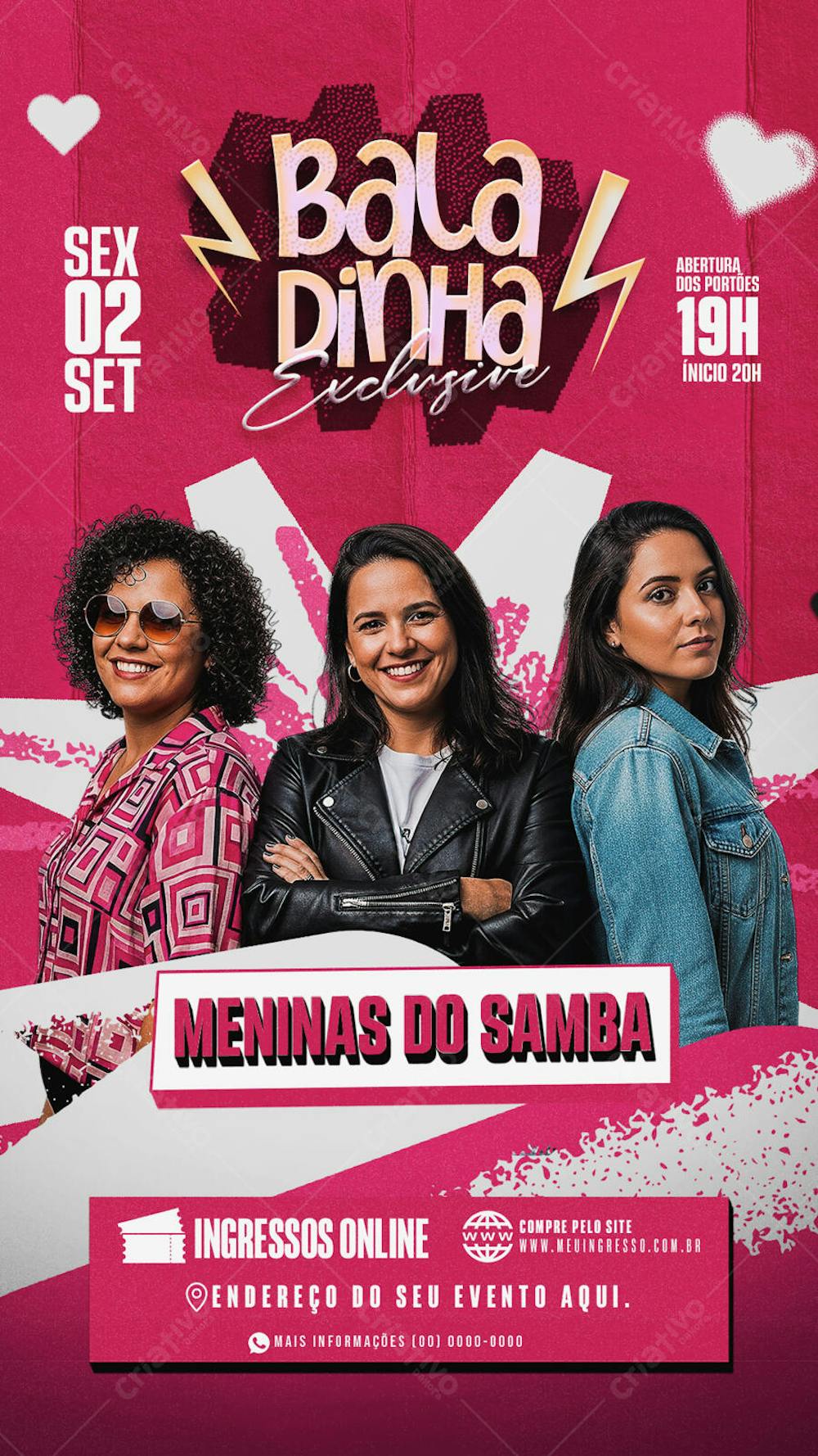 Vibrant pink flyer for a samba-themed party, featuring three smiling Black women. Modern and stylish design, perfect for social media and print promotions. Target audience: young adults who enjoy pagode and samba music.
