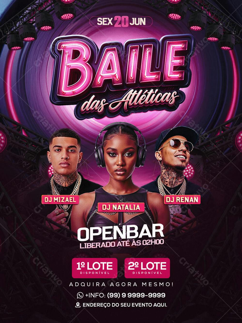 Modern flyer design for an Atléticas Dance Party on June 20th. Features pink and purple color scheme with DJ photos. Targets young adults. Perfect for event promotion.