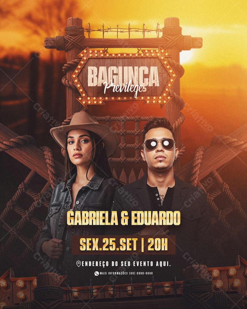 Editable PSD flyer template for a country music party featuring Gabriela & Eduardo. Warm color palette with orange and brown hues, rustic wooden elements, sunset background. Target audience: country music fans. Date: September 25th.