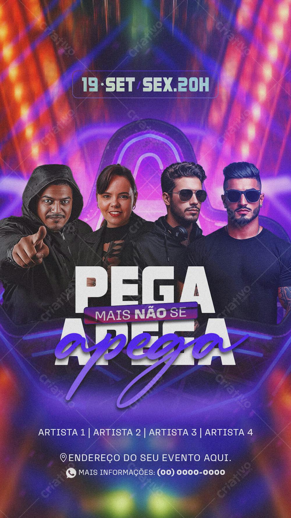 Vibrant purple and pink flyer for a September 19th party. Features photos of four artists. Modern and energetic style, perfect for promoting night events. Target audience: young adults.