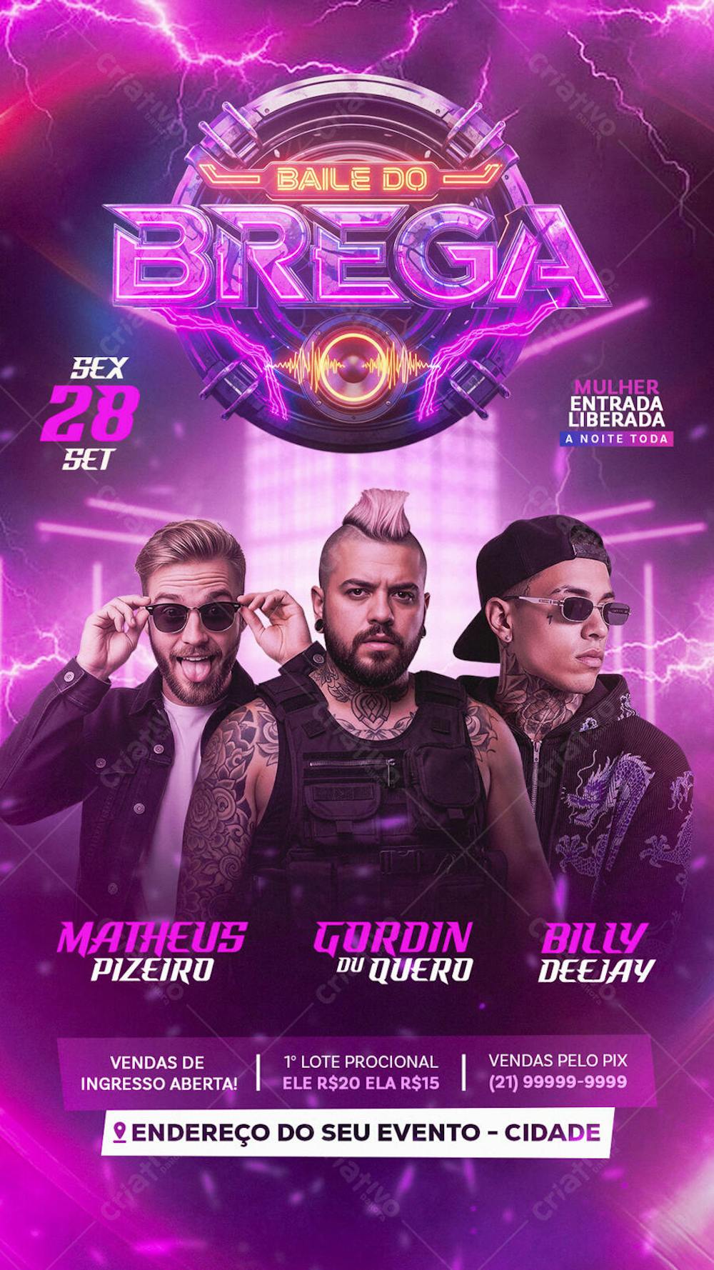 Flyer for a Brega music party on September 28th. Vibrant pink and purple neon style, featuring images of three singers. Target audience: young adults who enjoy pagode and brega music.