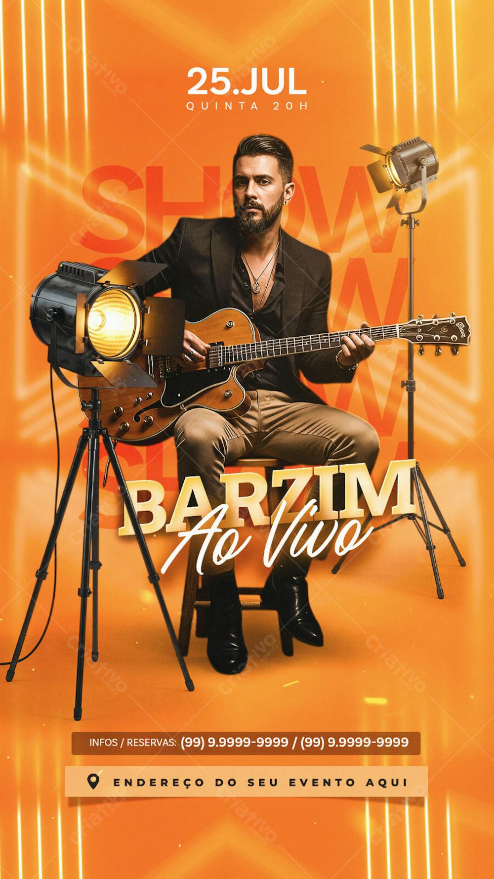 Vibrant orange flyer announcing Barzim's live show on July 25th. Features a musician with a guitar, spotlights, and a modern design. Perfect for social media and print marketing. Target audience: music lovers.