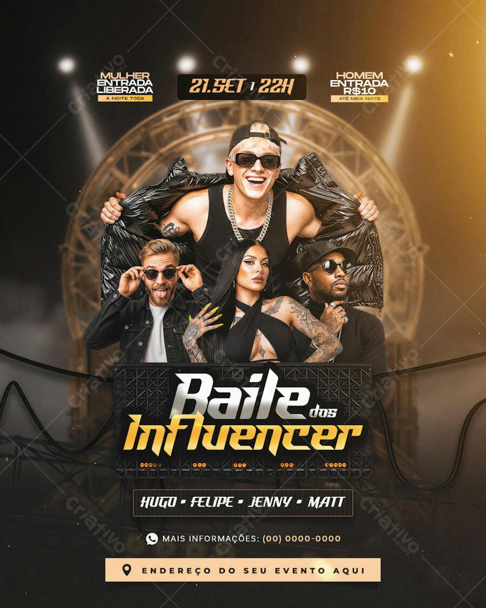 Flyer template for an Influencer Party on September 21st.  Features warm colors, gold and black accents, and photos of four influencers. Modern and sophisticated design perfect for social media promotion. Suitable for a young adult target audience.