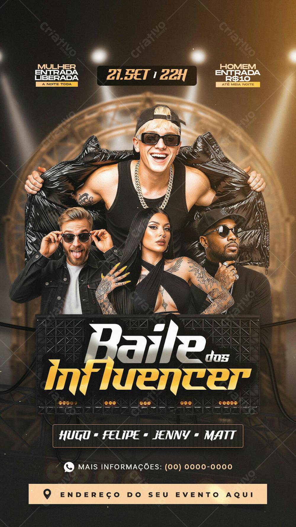 Flyer design for an Influencer Dance Party on September 21st. Features four influencers, dark and vibrant colors, modern and sophisticated style. Target audience: young adults who enjoy music and events.