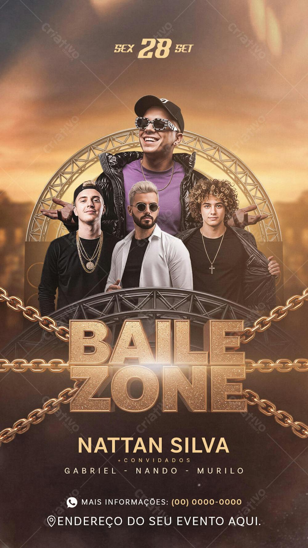 Flyer for Nattan Silva's concert featuring Gabriel, Nando, and Murilo. Warm colors in gold and brown tones, with artist photos against a Ferris wheel sunset backdrop. Target audience: Sertanejo music fans.