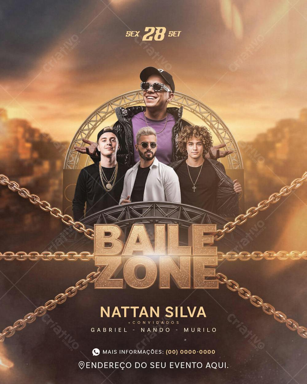 Flyer template for a Nattan Silva concert featuring warm tones, gold and brown accents, and images of male artists. Modern and sophisticated style. Perfect for promoting parties and shows.