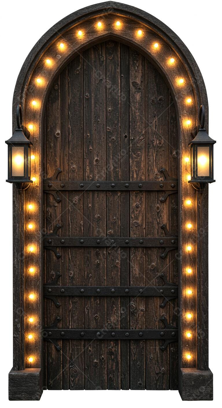 Porta de madeira antiga com luzes