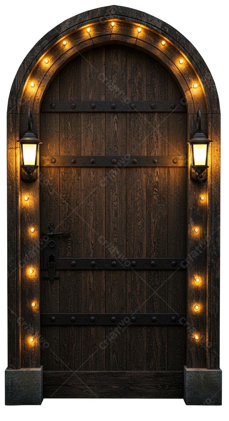 Porta de madeira antiga com luzes de Natal