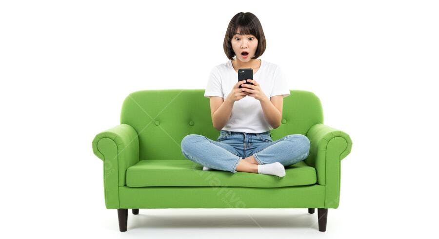 Mulher surpresa usando celular sofá verde