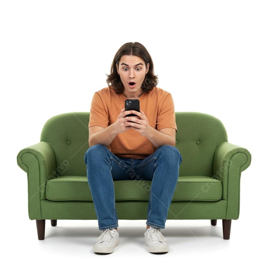 Homem surpreso lendo celular no sofá verde