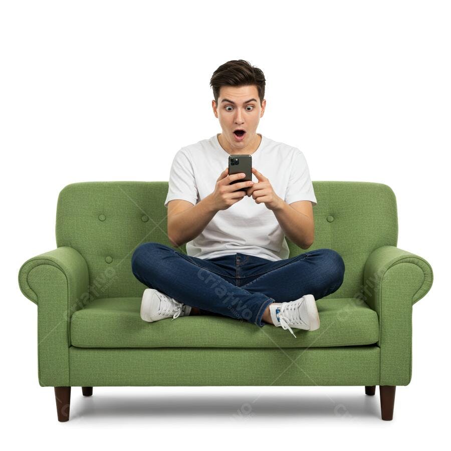 Homem surpreso usando celular sofá verde