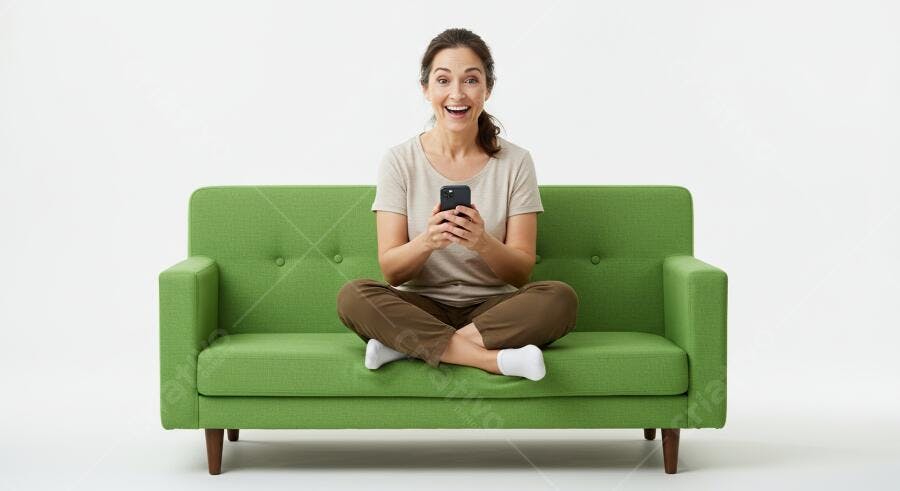 Mulher surpresa usando celular sofá verde