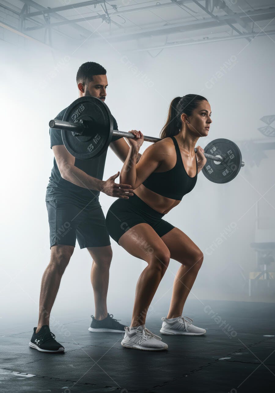 Mulher fazendo agachamento com barra guiada por personal trainer