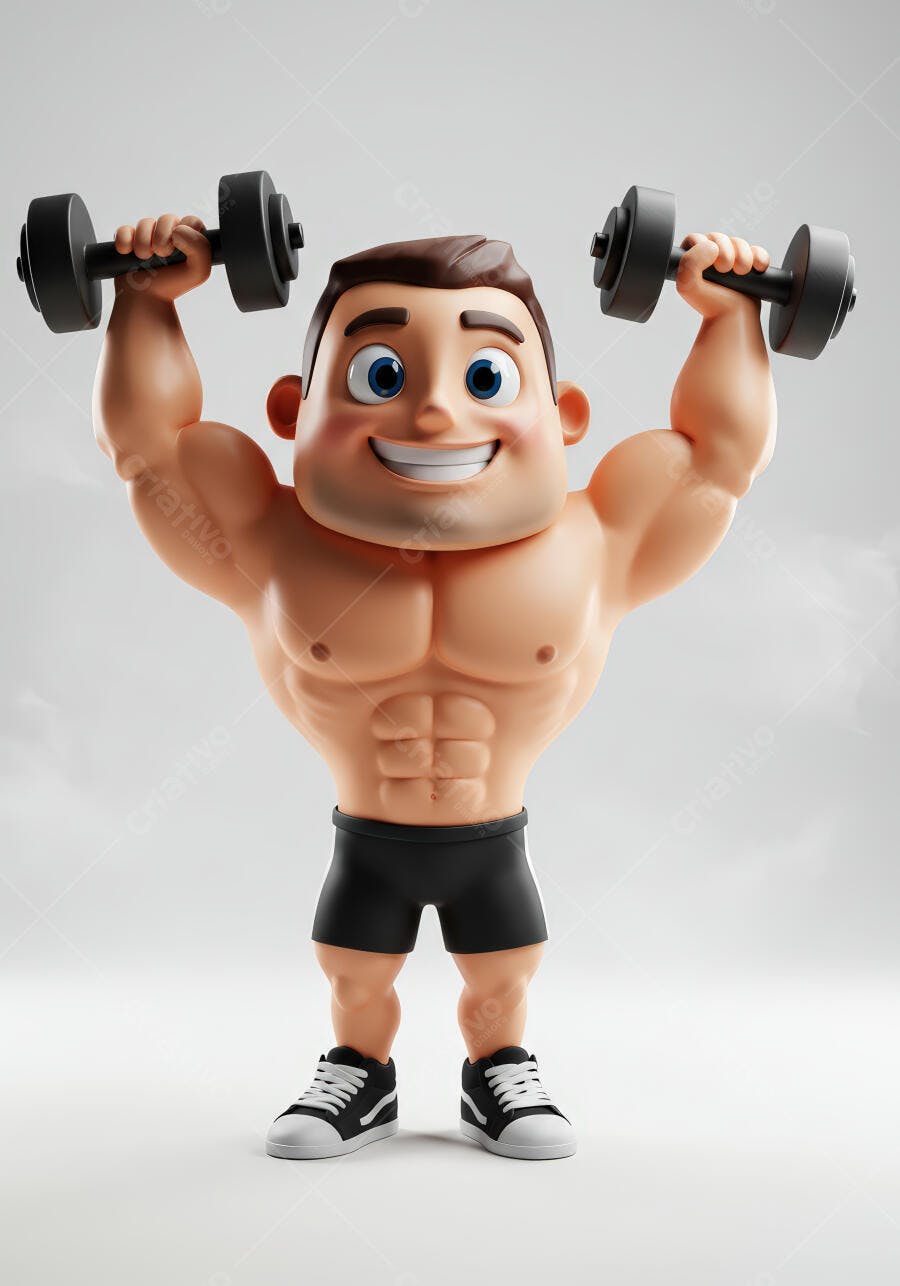 Personagem musculoso segurando halteres